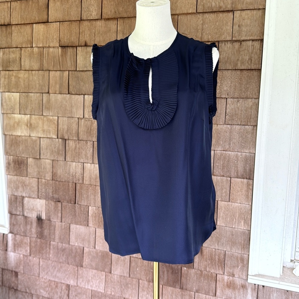 J Crew Navy Blue Ruffle Collar Silk Sleeveless Top
